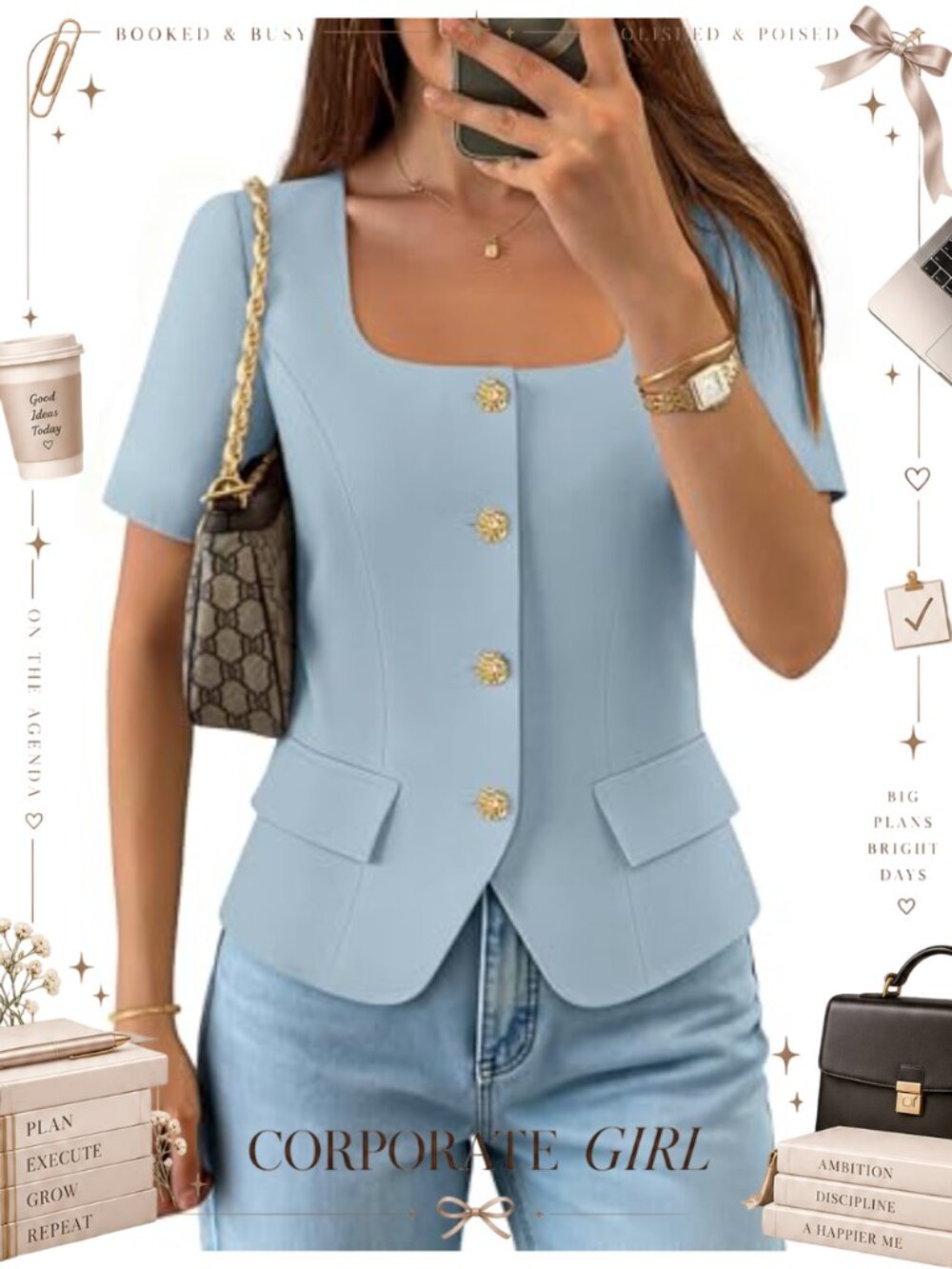 Square Neck Short Sleeve Crop Blazer Vest Button Down Work Top
